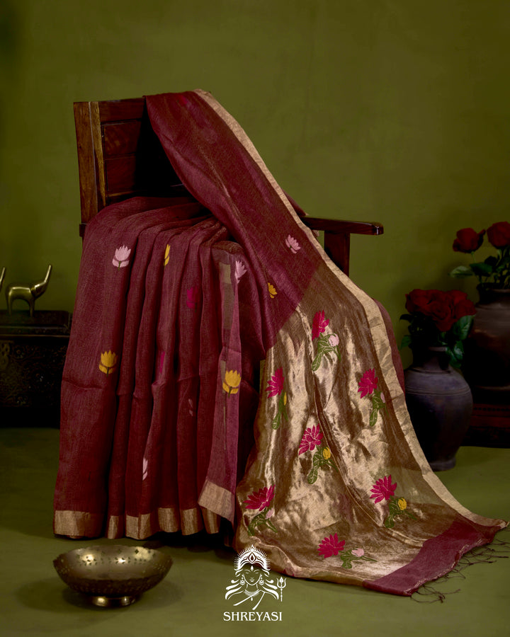 Handloom Silk Linen Jamdani Saree with Tissue Paithani Pallu