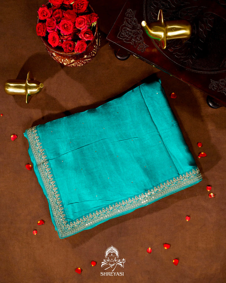 Pure Crepe Satin Saree with Embroidered Borders and Fully Embroidered Blouse