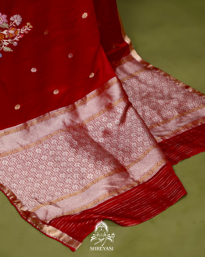Handloom Pure Mashru Silk Saree with Sona Rupa Meenakari Bhutis and Nakshi Pallu