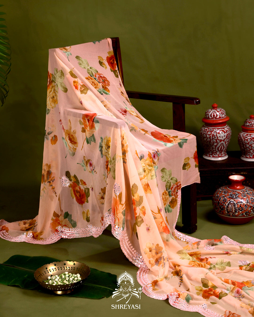 Floral Chiffon Georgette Saree with Scalloped Mirror Embroidery