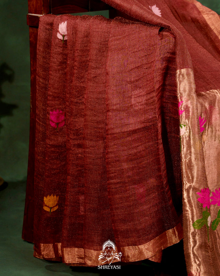 Handloom Silk Linen Jamdani Saree with Tissue Paithani Pallu
