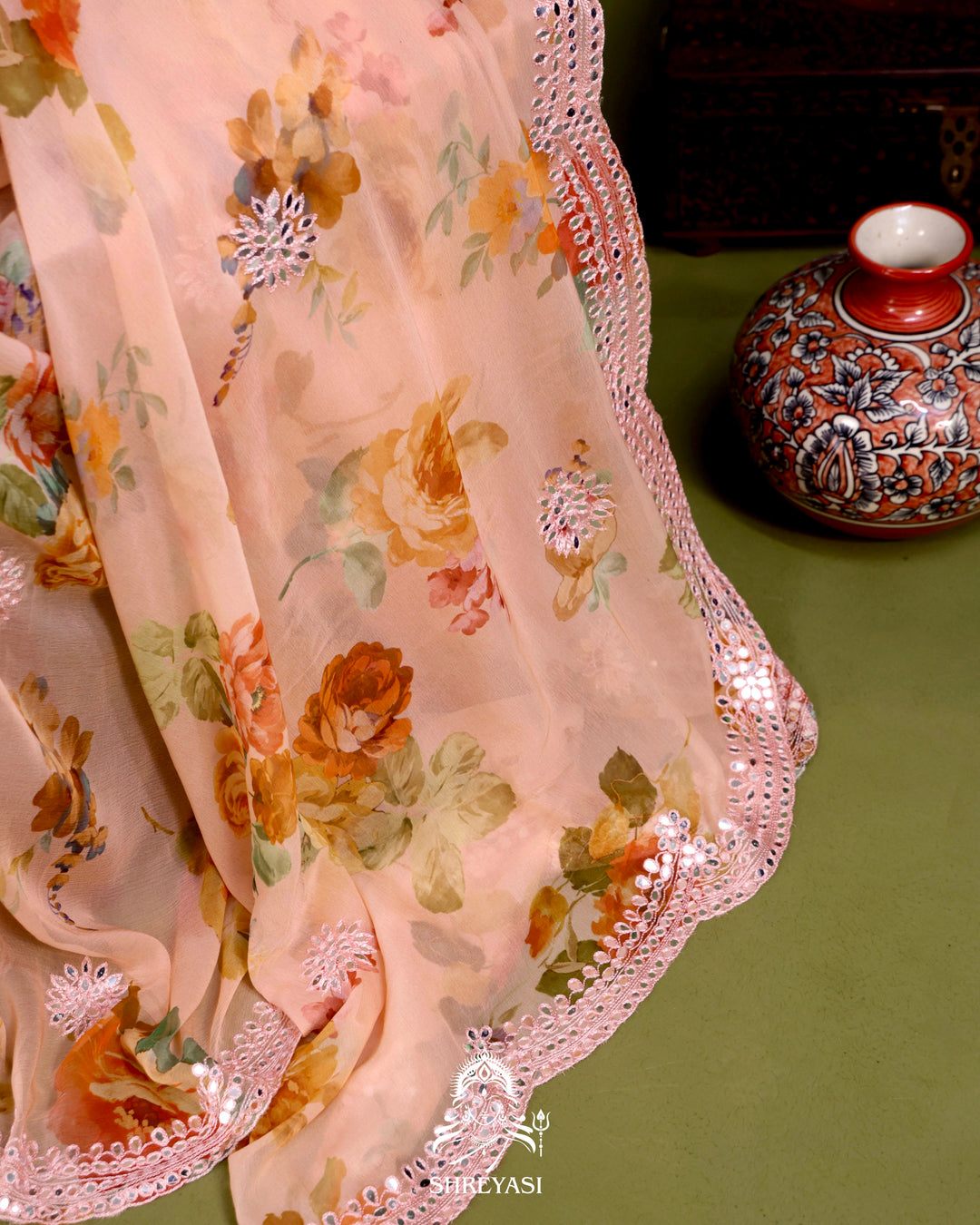 Floral Chiffon Georgette Saree with Scalloped Mirror Embroidery