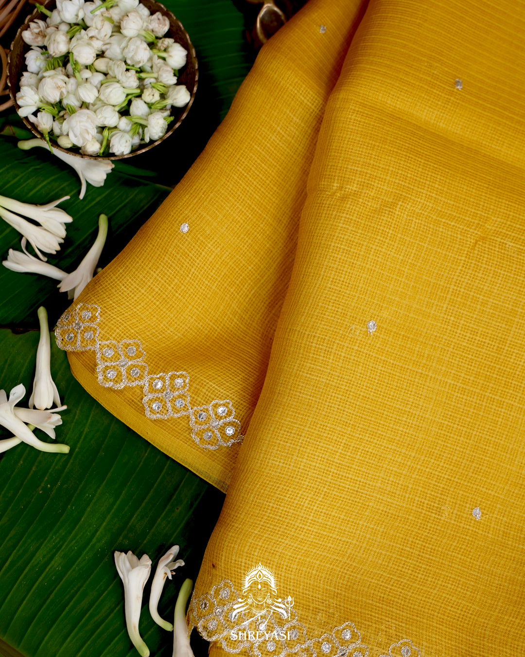 Handloom Pure Tussar Kota Saree with Scalloped Pitta Embroidery Border