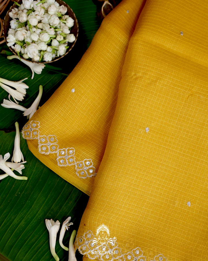 Handloom Pure Tussar Kota Saree with Scalloped Pitta Embroidery Border