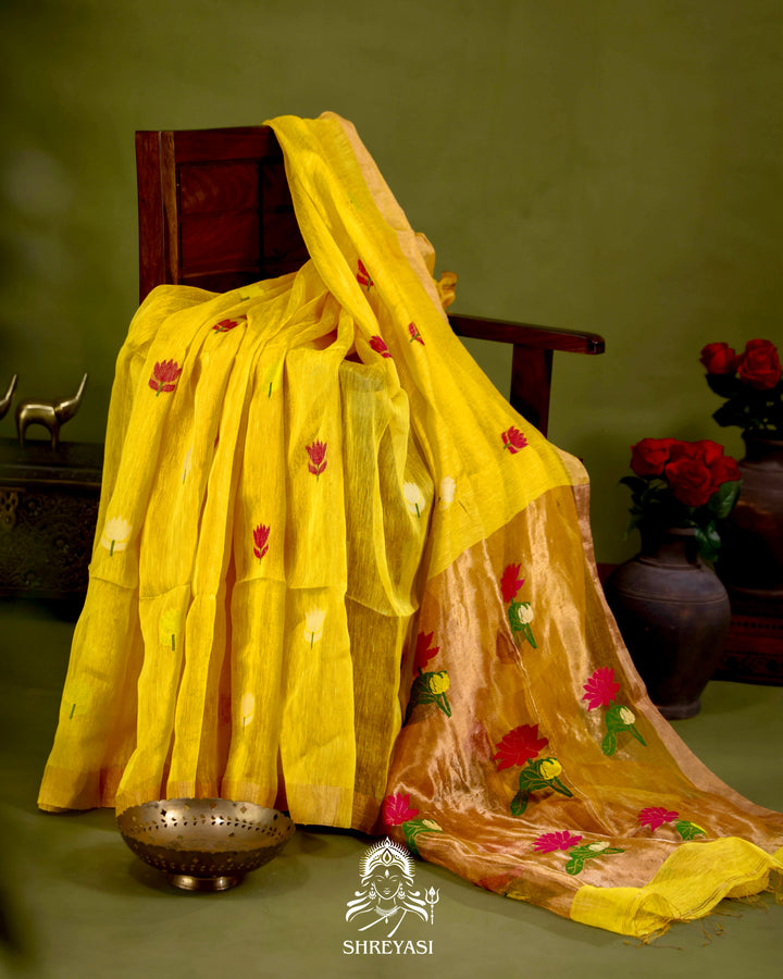 Handloom Silk Linen Jamdani Saree with Tissue Paithani Pallu