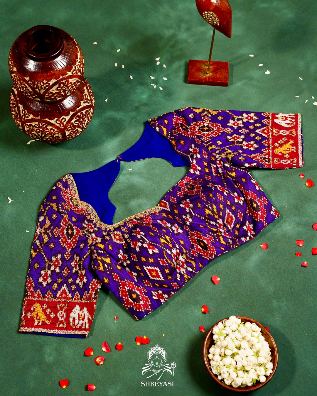 Handloom Pure Single Ikat Rajkot Patola Silk Blouse with Rich Hand Embroidery