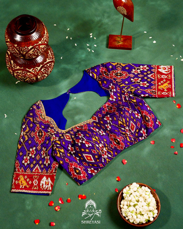 Handloom Pure Single Ikat Rajkot Patola Silk Blouse with Rich Hand Embroidery