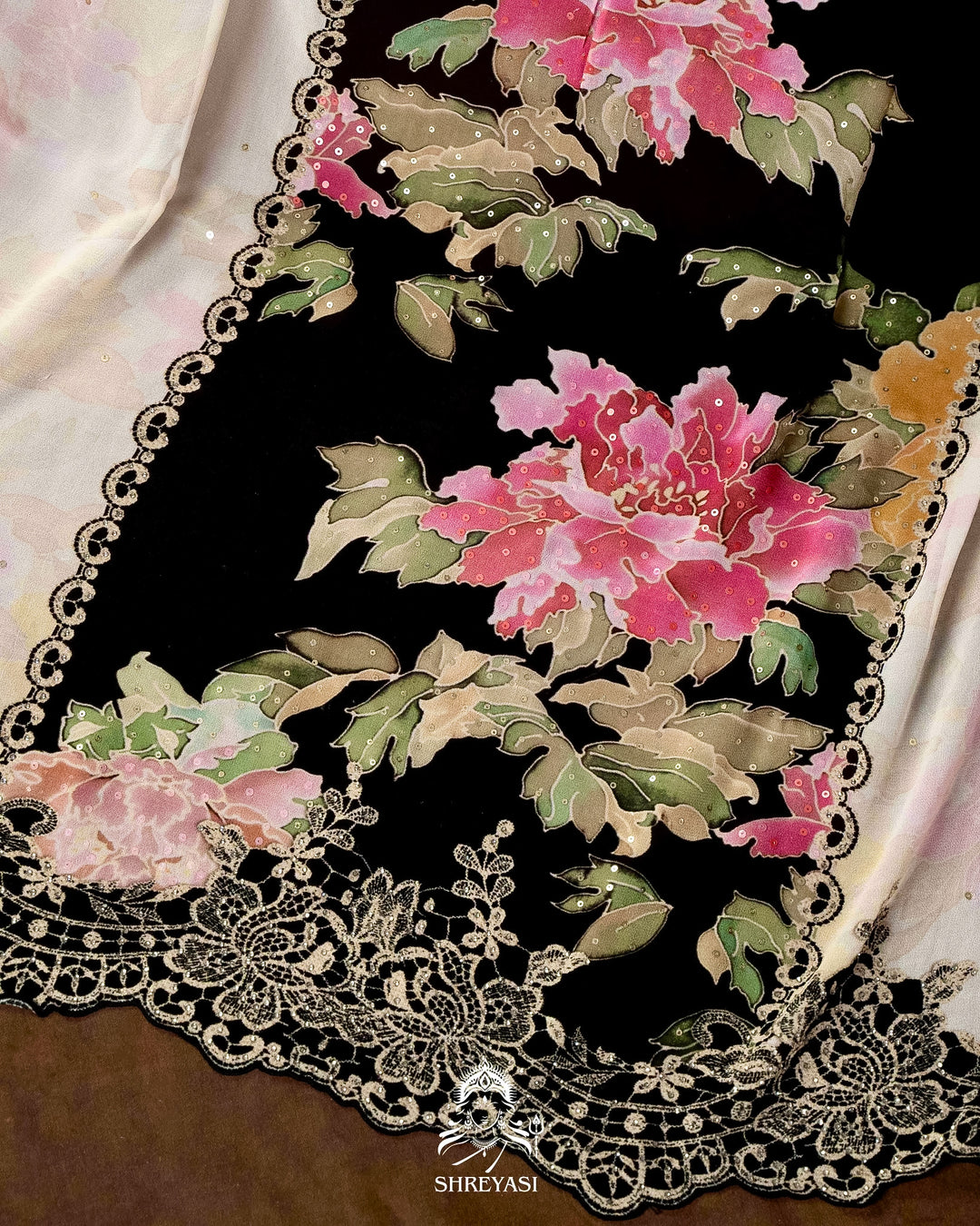 Pure Georgette Floral Saree with Chantilly Lace Embroidery Border