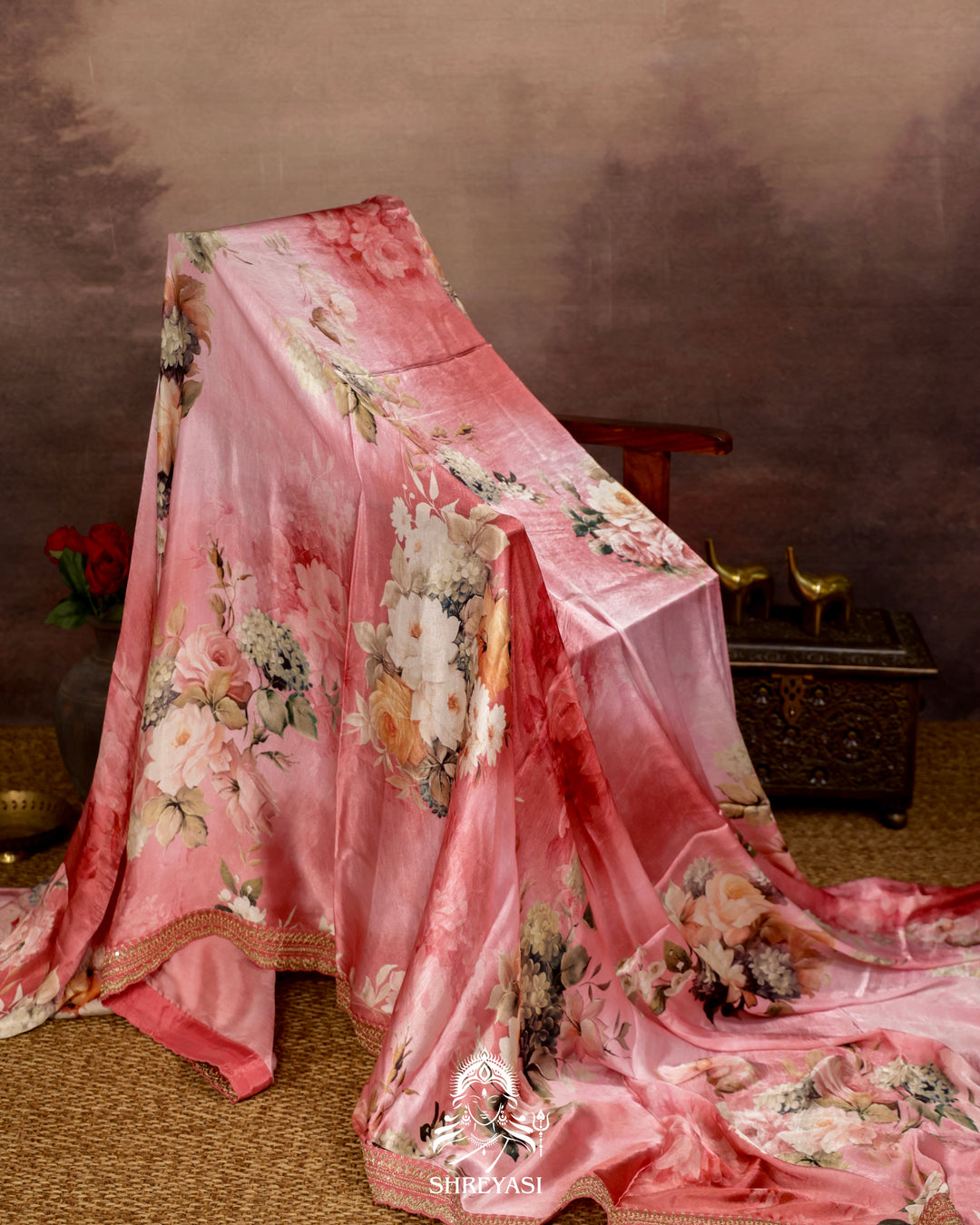 Peach pink Chinon Satin Floral Saree with Embroidered Border