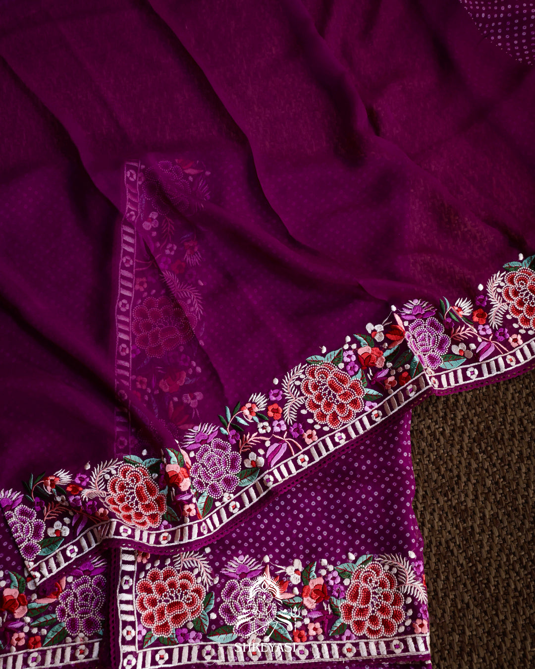 Pure Georgette Saree with Parsi Gara Style Embroidered Borders and Bandhej Body
