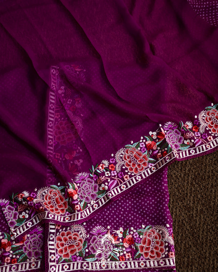 Pure Georgette Saree with Parsi Gara Style Embroidered Borders and Bandhej Body