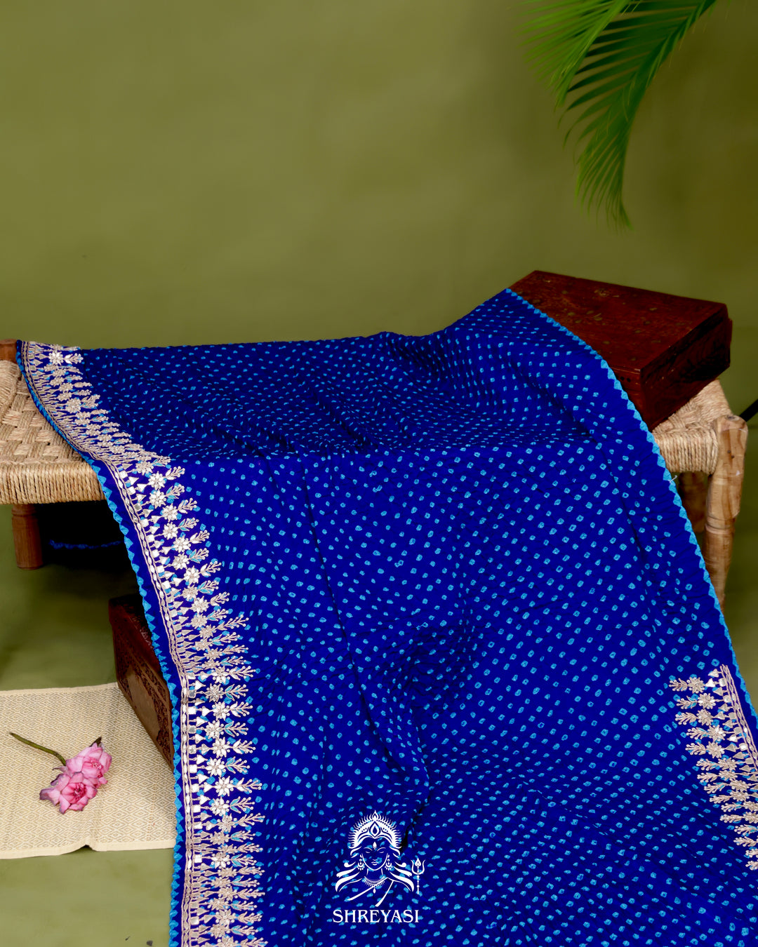 Handloom Pure Gaji Silk Saree with Hand-Knotted Bandhej and Gharchola Pallu with Heavy Gotapatti Embroidery