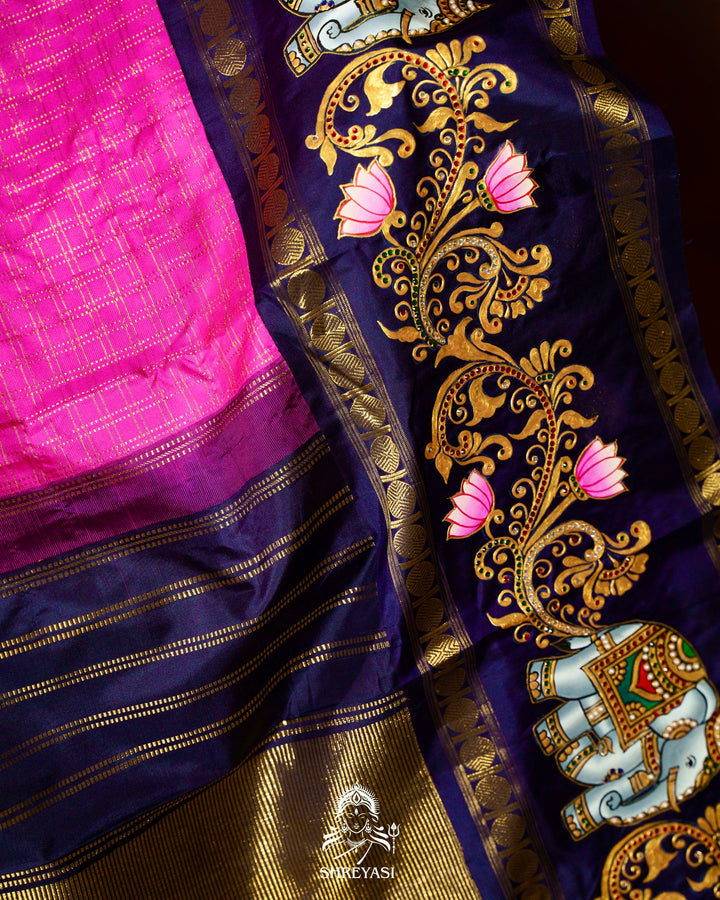 Traditional Tanjore Painting on Handloom Pure Kanjivaram Silk Sarees with Real Zari