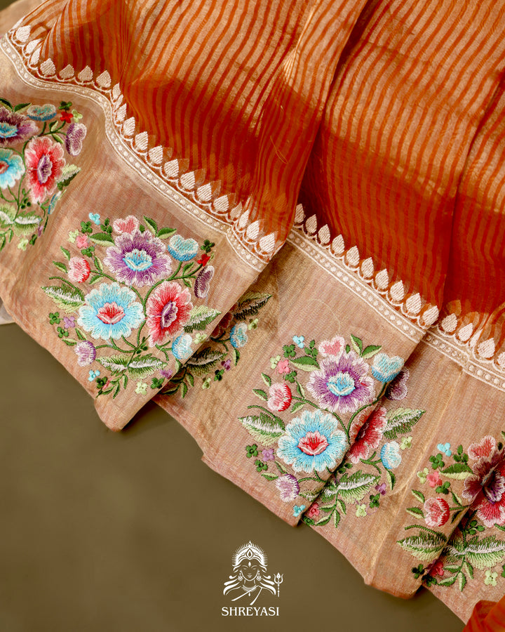 Handloom Banarasi Tissue Stripe Silk Saree with Satin Stitch Floral Embroidered Borders