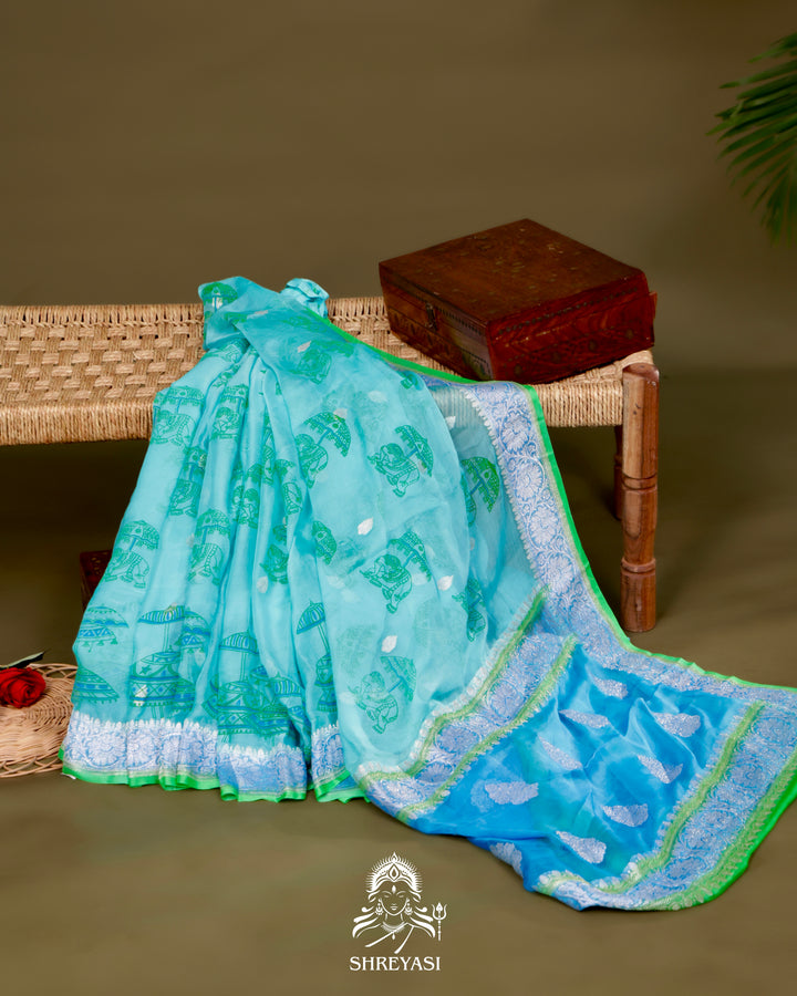 Banarasi Khaddi Chiffon Georgette Saree with Hand Block Motifs