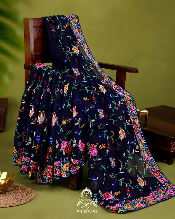 Pure Georgette Saree with Petit Point Embroidery and Lace Borders
