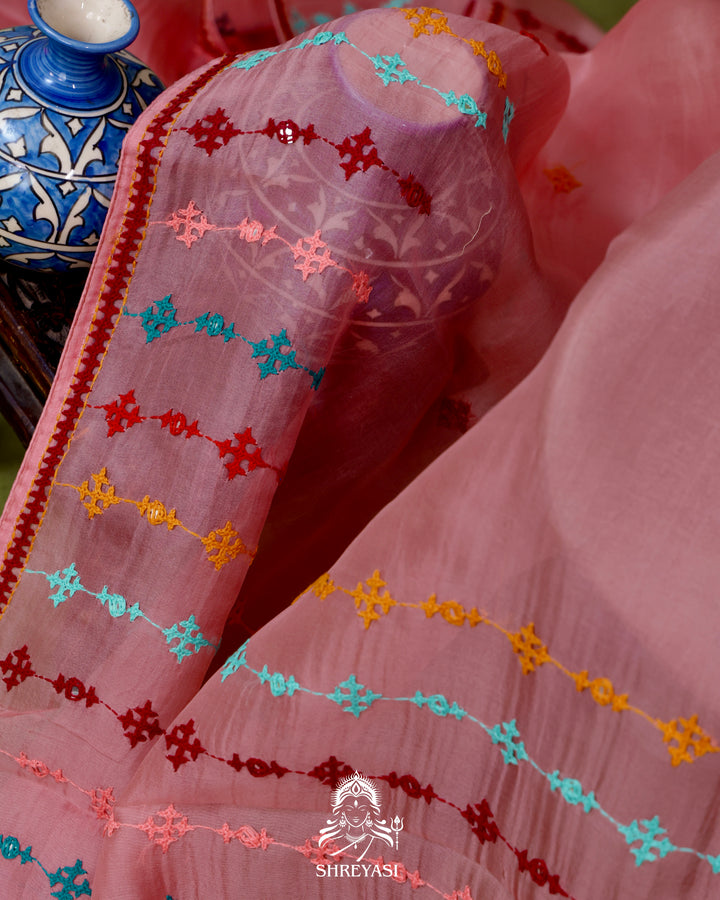 Pure Organza Silk Saree with Hand Embroidered Kutchi Shisha Mirror Work