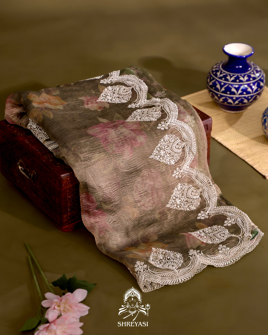 Handloom Pure Crushed Ektara Tissue Silk Saree with Floral Print and Scallop Embroidery