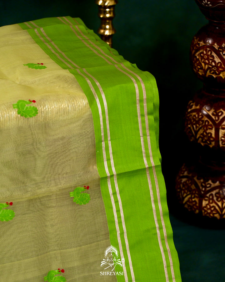Handloom Pure Chanderi Silk Saree with Hand Embroidered Maggam Work Blouse
