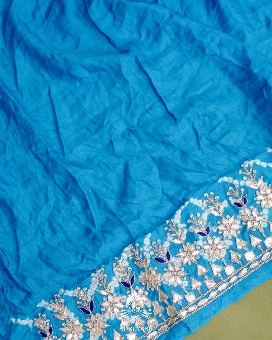 Handloom Pure Gaji Silk Saree with Hand-Knotted Bandhej and Gharchola Pallu with Heavy Gotapatti Embroidery