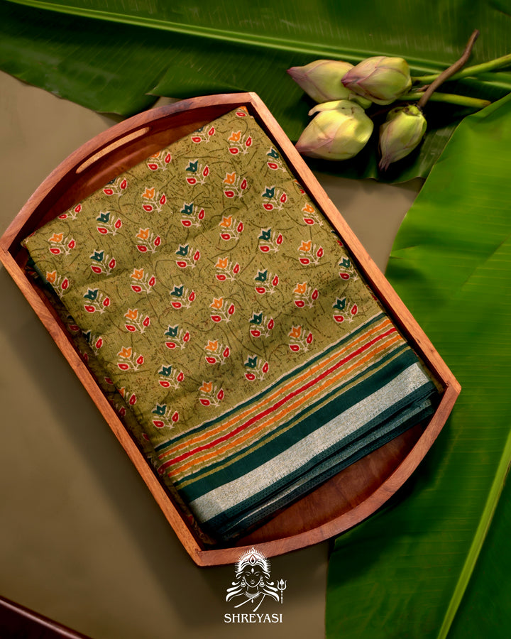 Olive Green Crystal Cotton Saree