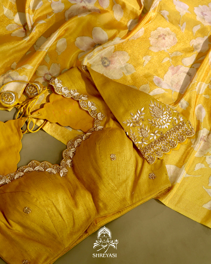 Yellow Floral Banarasi Ektara Tissue Silk Saree with Embroidered Blouse