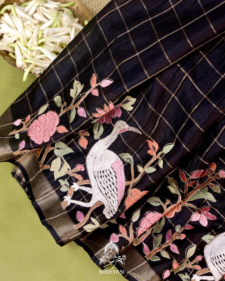 Pure Linen Tussar Silk Saree with Resham Embroidered Borders