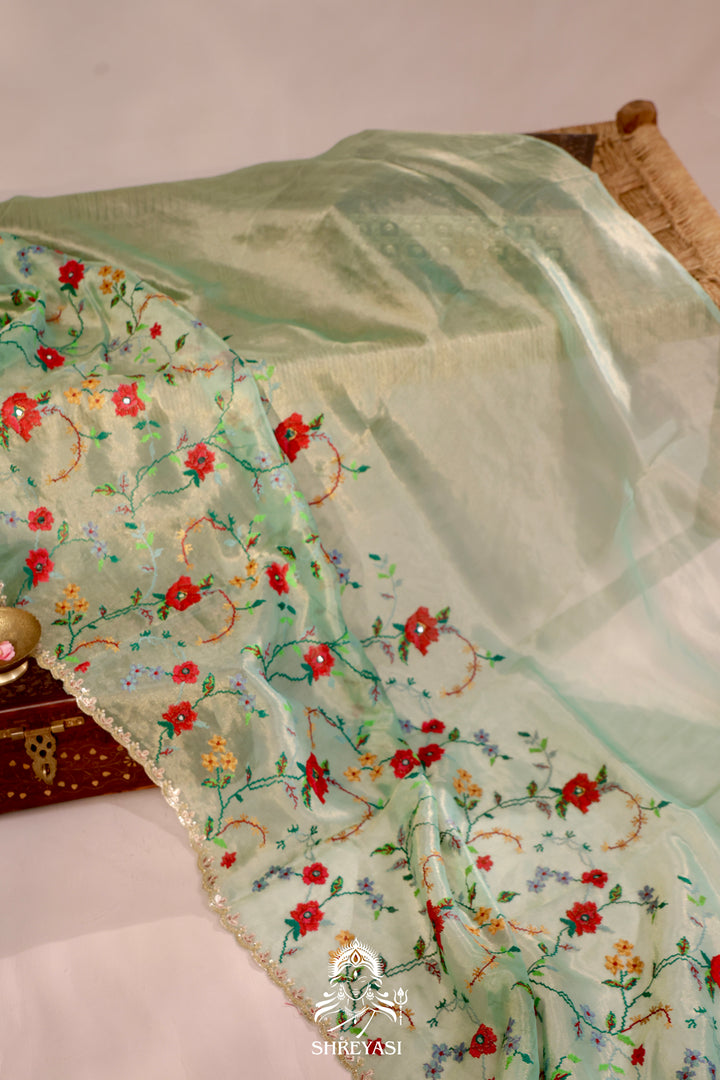 Organza Silk Saree with All-Over Petit Point Embroidery and Gotapatti Border