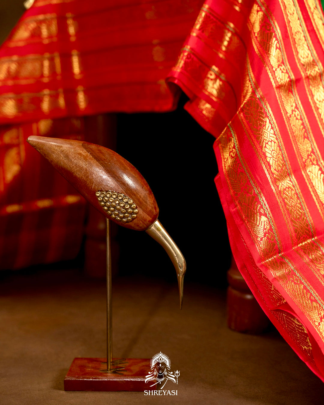 Handloom Pure Kanjivaram Silk Saree in Real Zari in Emerald Green with Kumkum Red Korvai Border