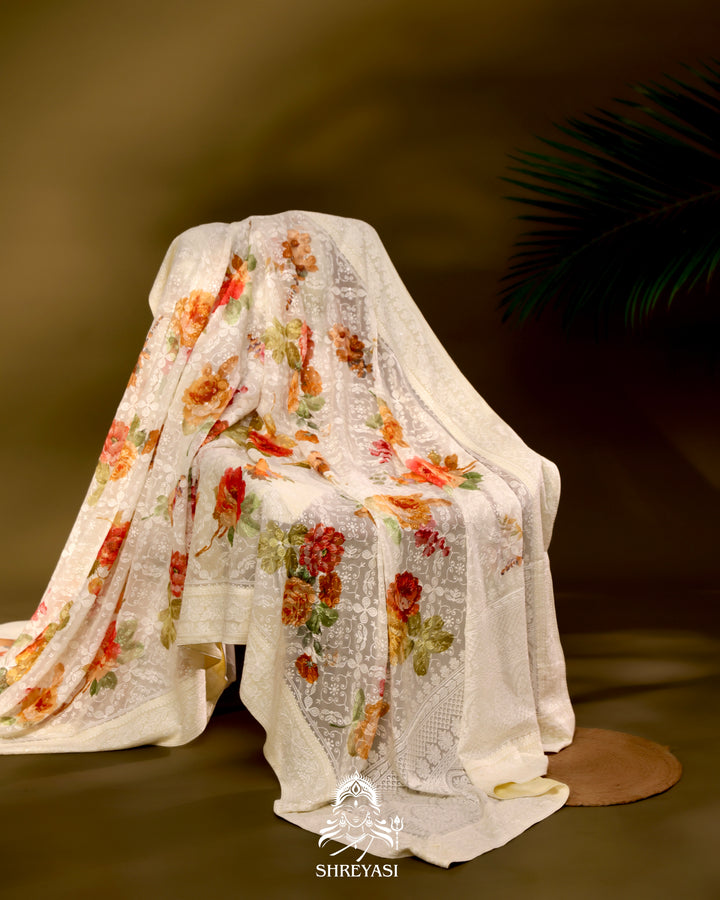 Georgette floral saree with chikankari embroidery