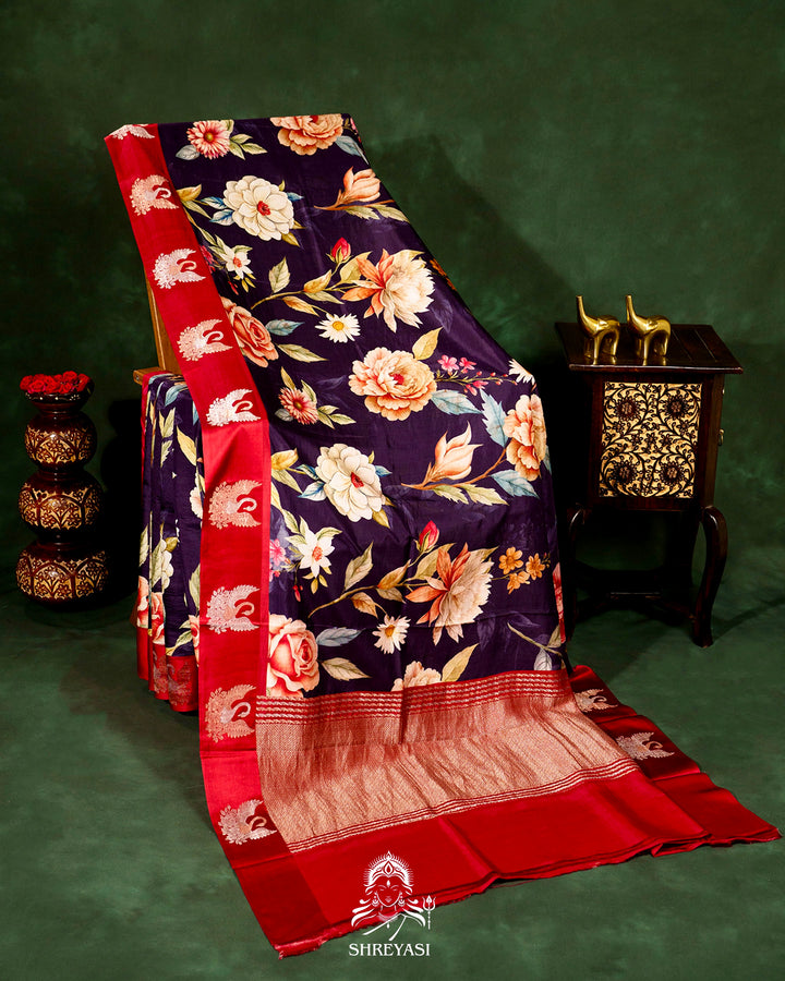 Handloom Pure Banarasi Silk Saree with Floral Print and Mashru Border