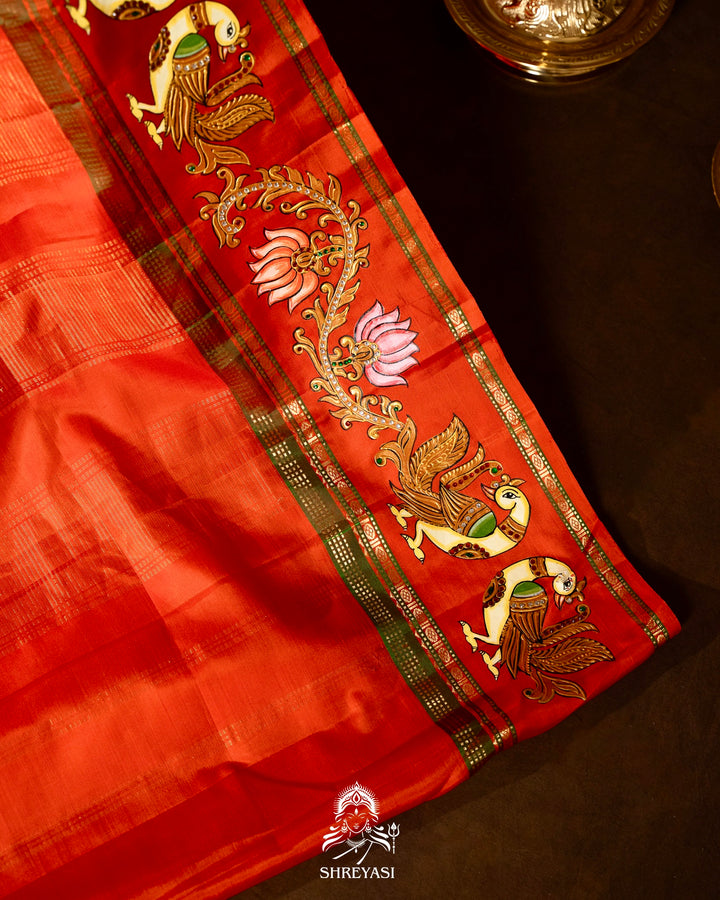 Traditional Tanjore Painting on Handloom Pure Kanjivaram Silk Sarees with Real Zari