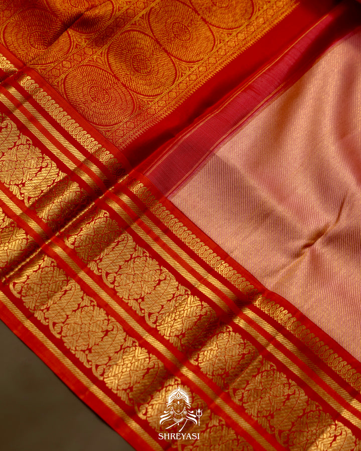 Handloom Pure Kanjivaram Silk Saree in Real Zari - Peach pink with Red and Orange Korvai Border