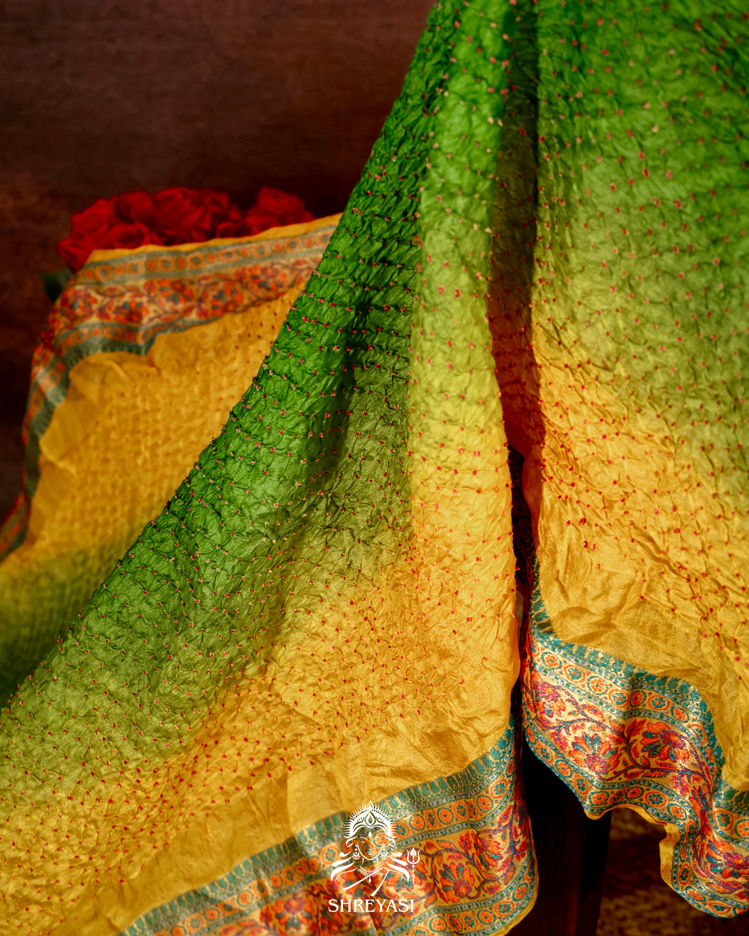 Hand Knotted Bandhej Tussar Silk Saree with Meenakari Weaving