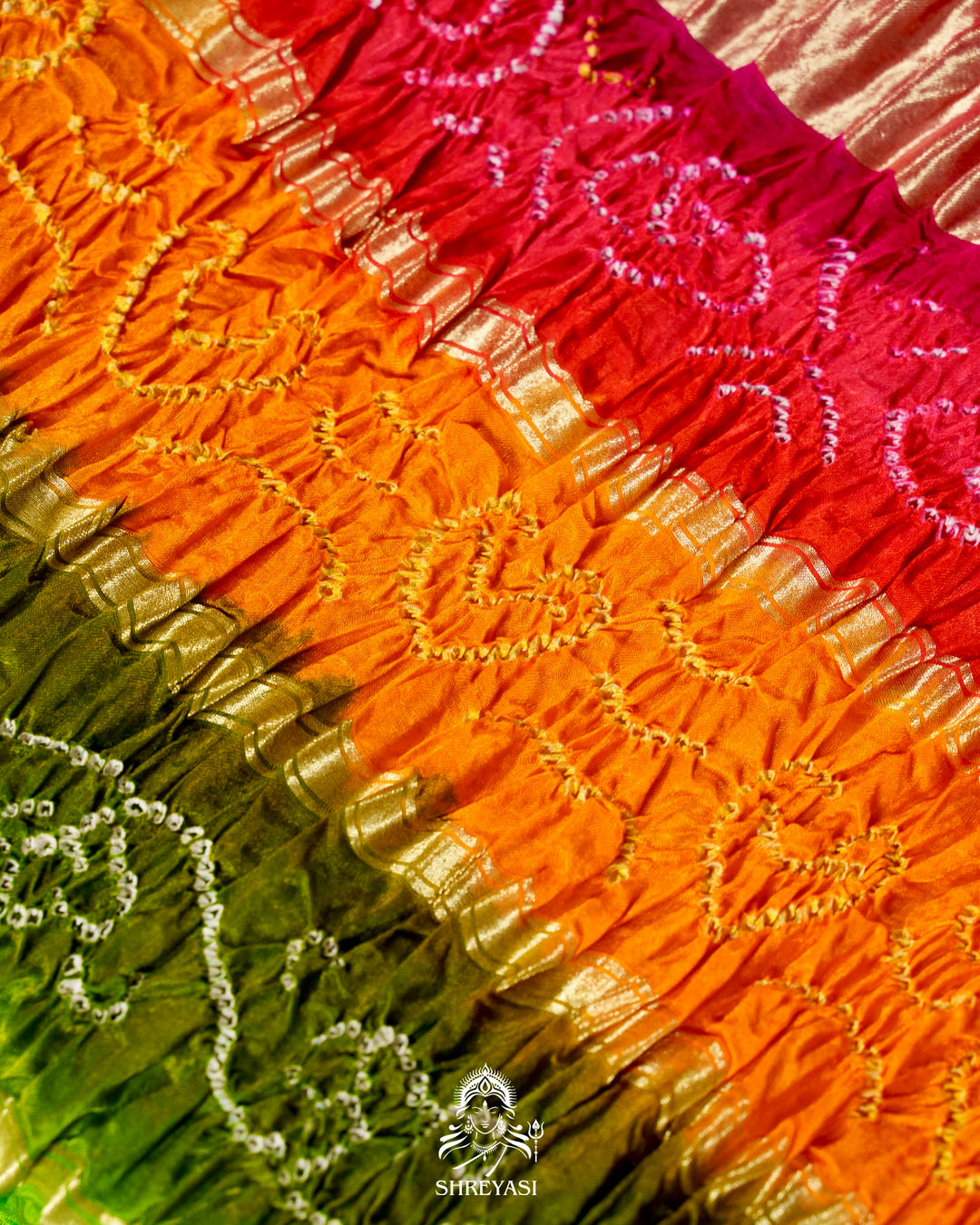 Handloom Pure Bandhani Gaji Silk Saree with Hand-Knotted Bandhej and Multicolored Bandhani Pallu