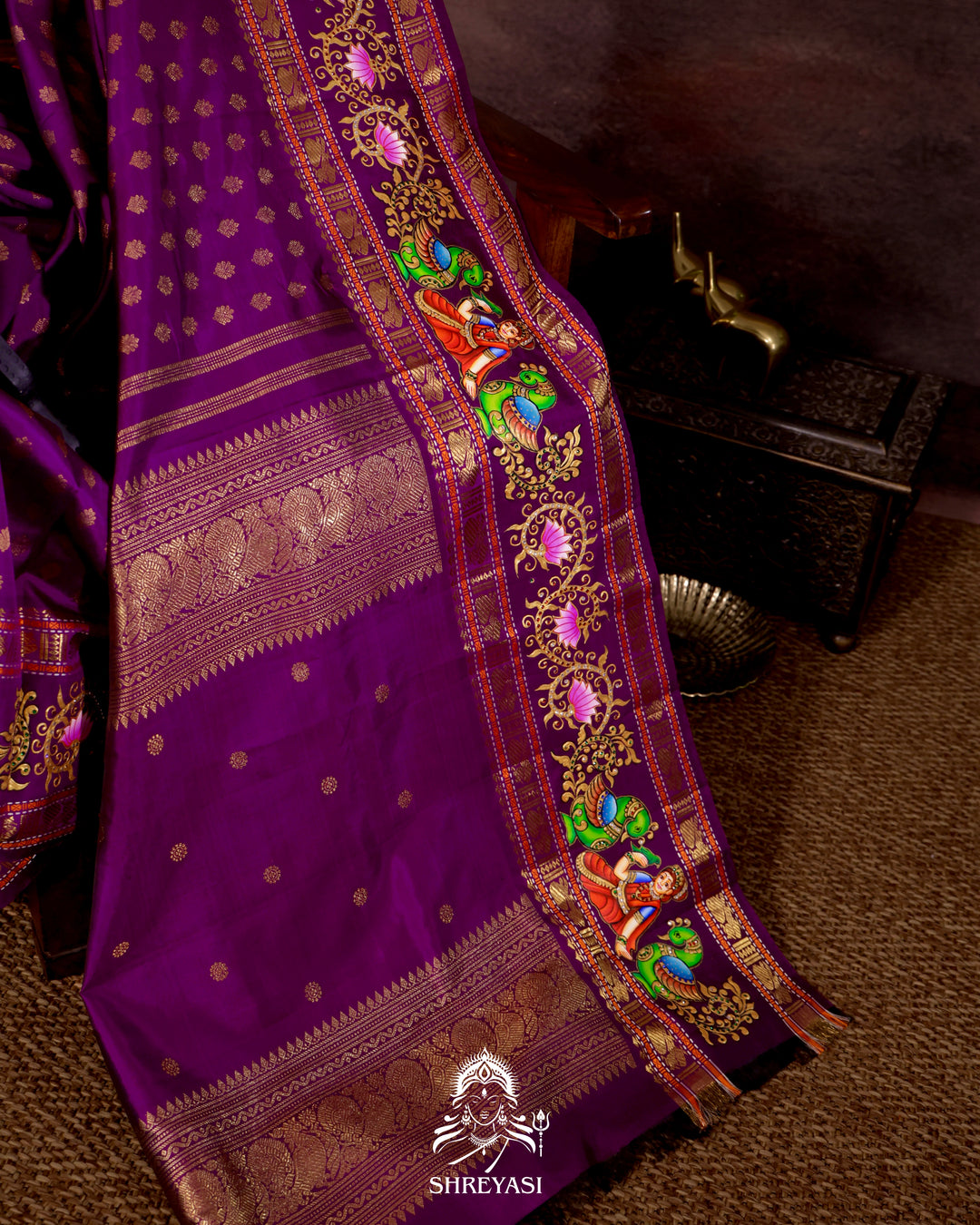 Handloom Pure Kanjivaram Silk Saree in Real Zari with Tanjore Madhura Meenakshi, Mayil and Kamalam Artwork
