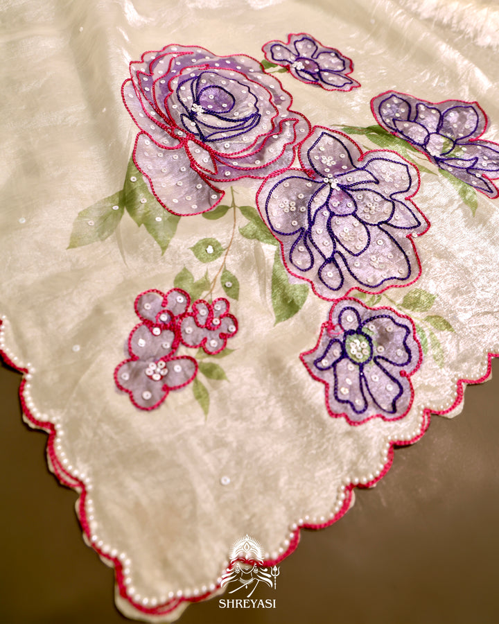 Glass Tissue Saree with Floral Print and  Embroidery