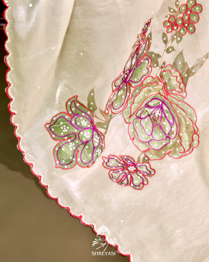 Glass Tissue Saree with Floral Print and  Embroidery