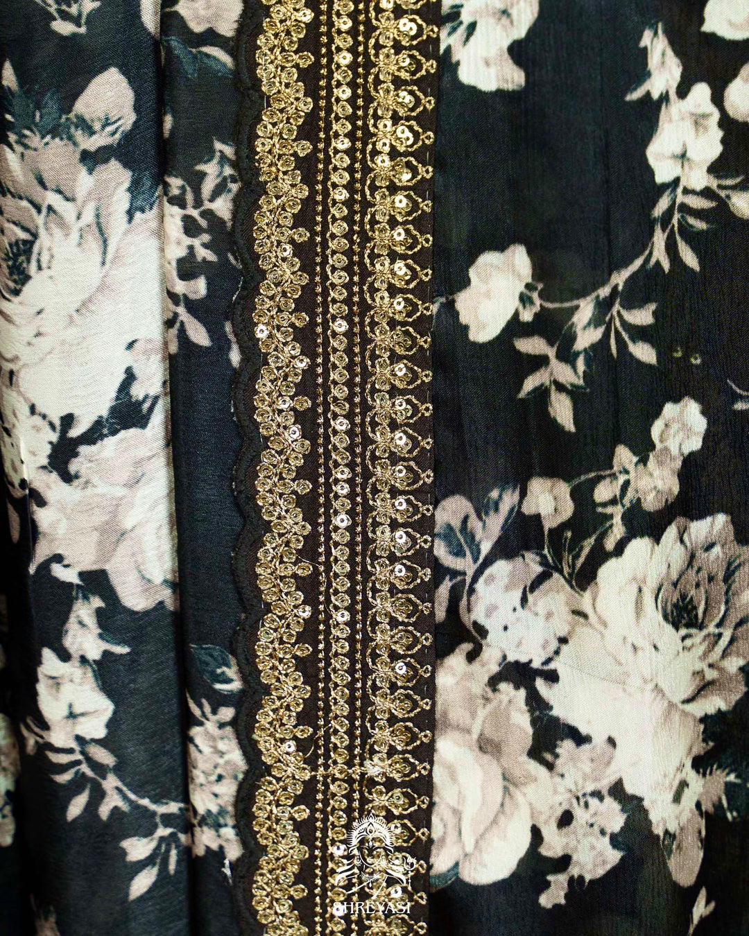 Midnight Noir Pure Chinon Satin Saree with Embroidered Borders