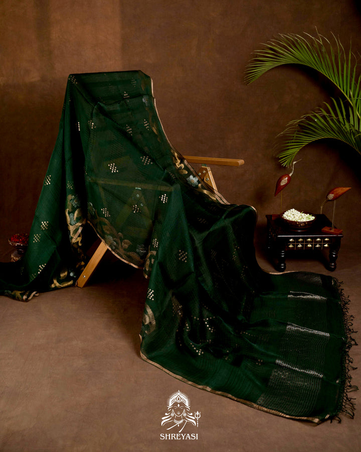 Handloom Pure Double Thread Muslin Jamdani Saree with Sona Rupa Zari & Sequence Weaving