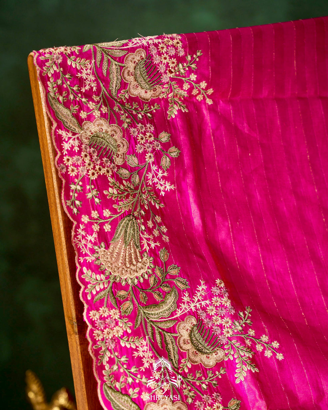 Handloom Pure Banarasi Silk Saree with Zari Stripes and Fine Resham Thread Embroidery