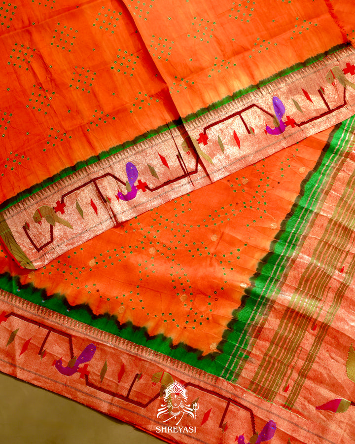 Paithani Bandhini Silk Saree with Parrot Peacock Border