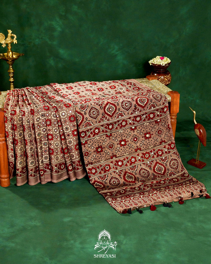 Mirror Work Pure Modal Silk Ajrakh Hand Block Printed Saree | Naturally Dyed Artisan Collection