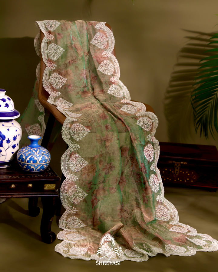 Handloom Pure Crushed Ektara Tissue Silk Saree with Floral Print and Scallop Embroidery