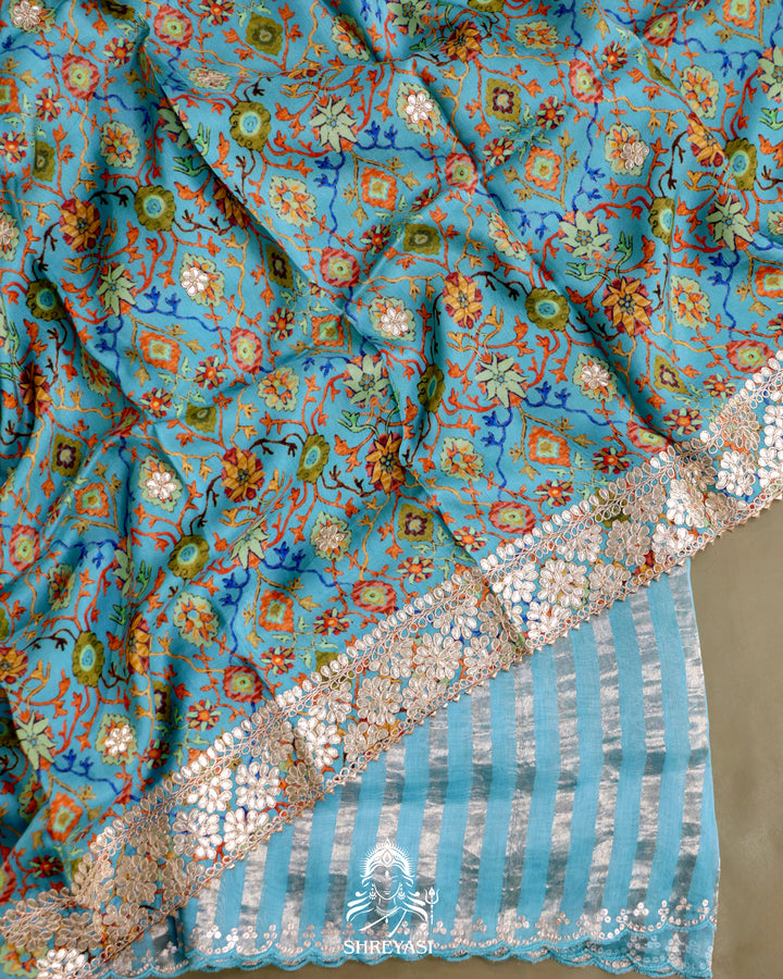 Chanderi Tissue Silk Saree with Pita Embroidered Borders and Gota Patti Embroidered Floral Blouse