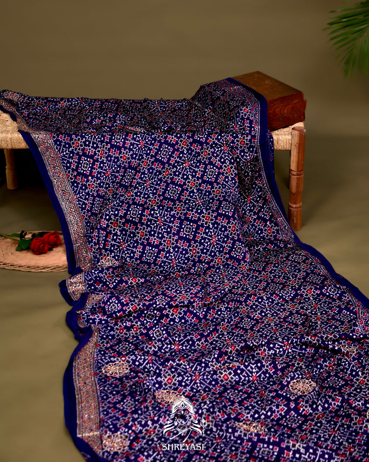 Pure Modal Silk Ajrakh Saree with Swarovski Crystal Embroidery