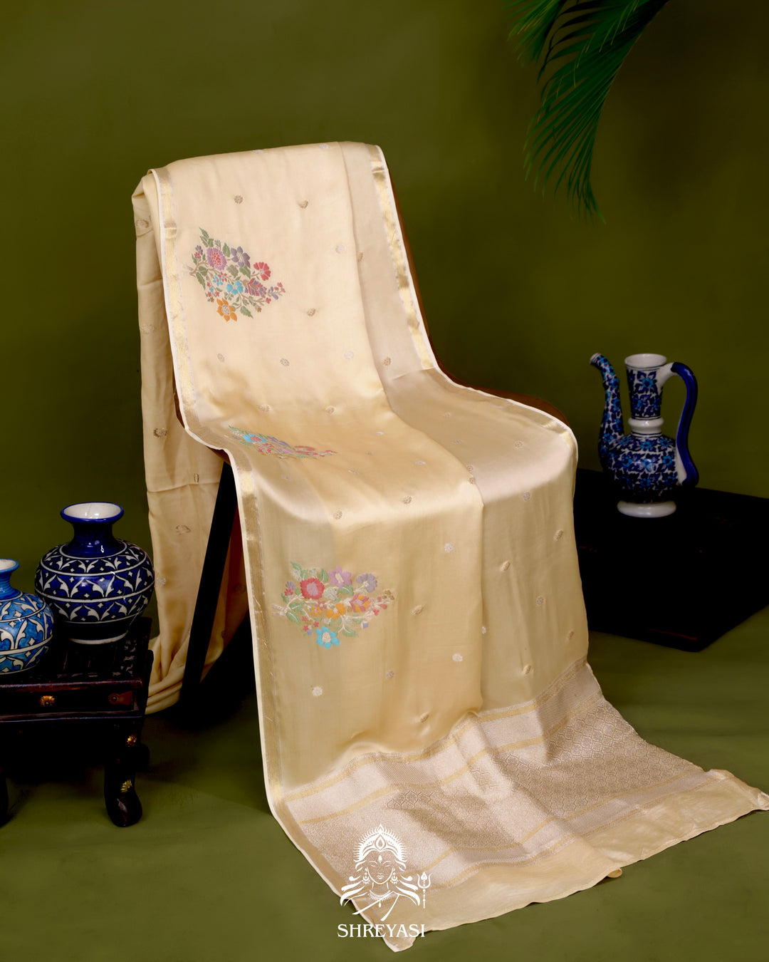 Handloom Pure Mashru Silk Saree with Sona Rupa Meenakari Bhutis and Nakshi Pallu
