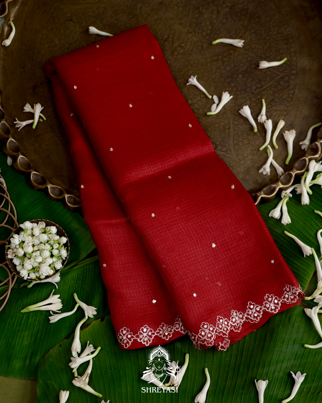 Handloom Pure Tussar Kota Saree with Scalloped Pitta Embroidery Border