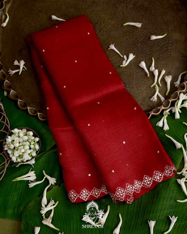 Handloom Pure Tussar Kota Saree with Scalloped Pitta Embroidery Border