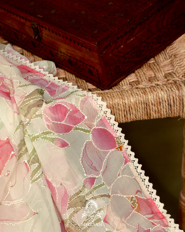 Pure Georgette Floral Saree with Thread Embroidery and Micro Sequins